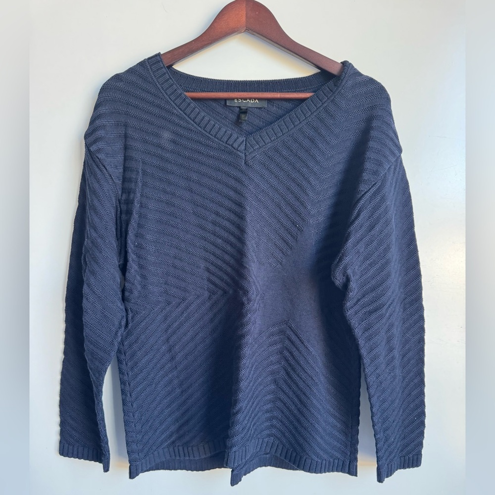 ESCADA Navy Blue Women EU 36 Small‎ V neck sweater textured chevron star knit